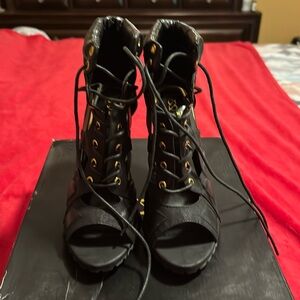 Black lace up peep toe booties